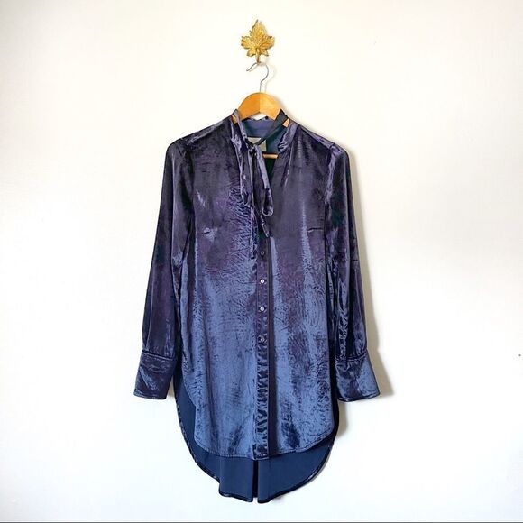 Anthropologie Maeve Tie-neck Crushed Velvet Navy Blue button tunic size 2 - Picture 1 of 9